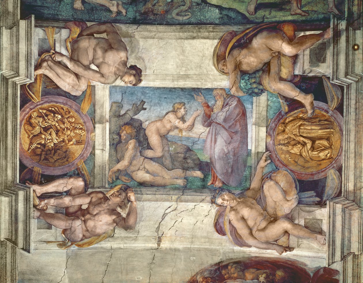 Sixtinische Kapelle Decke: Erschaffung Evas, mit vier Ignudi, 1510 (vor der Restaurierung) von Michelangelo Buonarroti