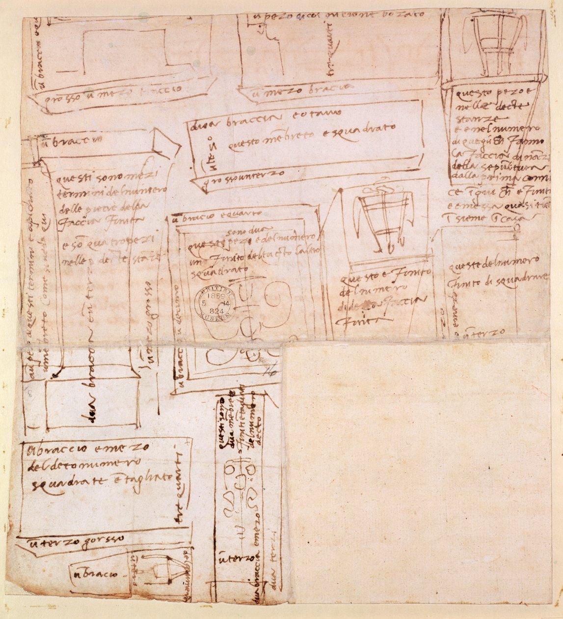 Skizze von Marmorblöcken für Statuen mit Notizen (verso) von Michelangelo Buonarroti