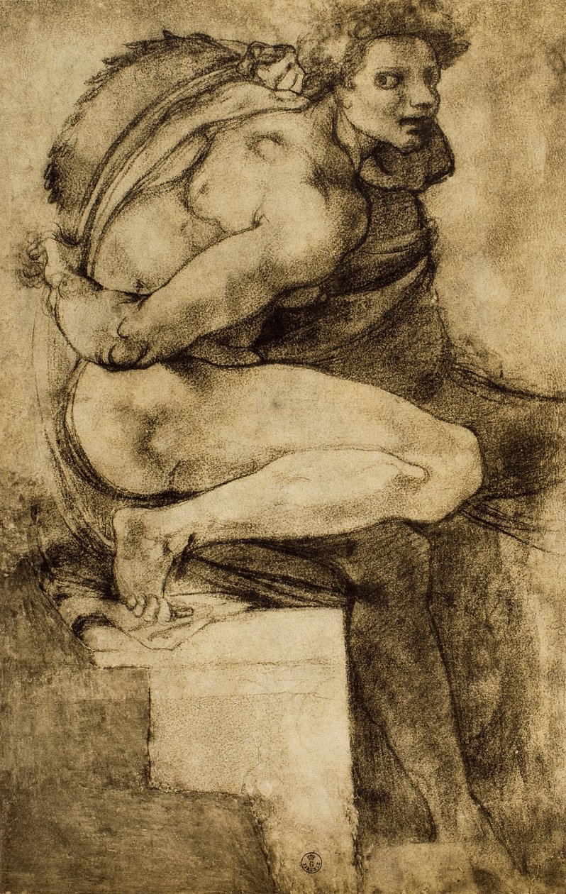 Studie eines männlichen Aktes mit gebeugtem Bein, Zeichnung von Michelangelo. Gabinetto dei Disegni e delle Stampe, Uffizien, Florenz von Michelangelo Buonarroti