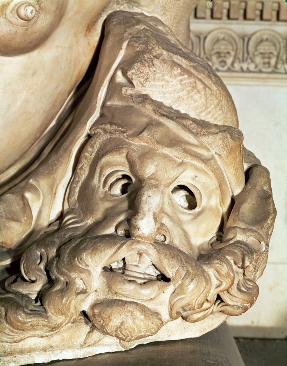 Das Grab von Giuliano de Medici (1478-1516), Detail der tragischen Maske unter dem Arm der Nacht (1520-34) von Michelangelo Buonarroti