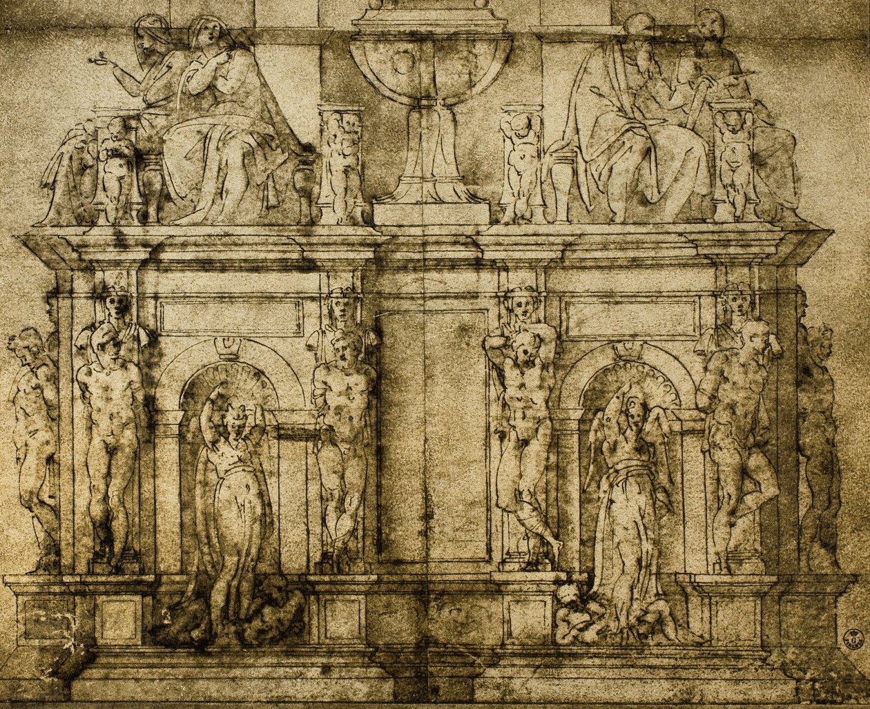Das Grabmal von Papst Julius II., Vorbereitende Zeichnung von Michelangelo, Kabinett der Zeichnungen und Drucke, Uffizien, Florenz von Michelangelo Buonarroti