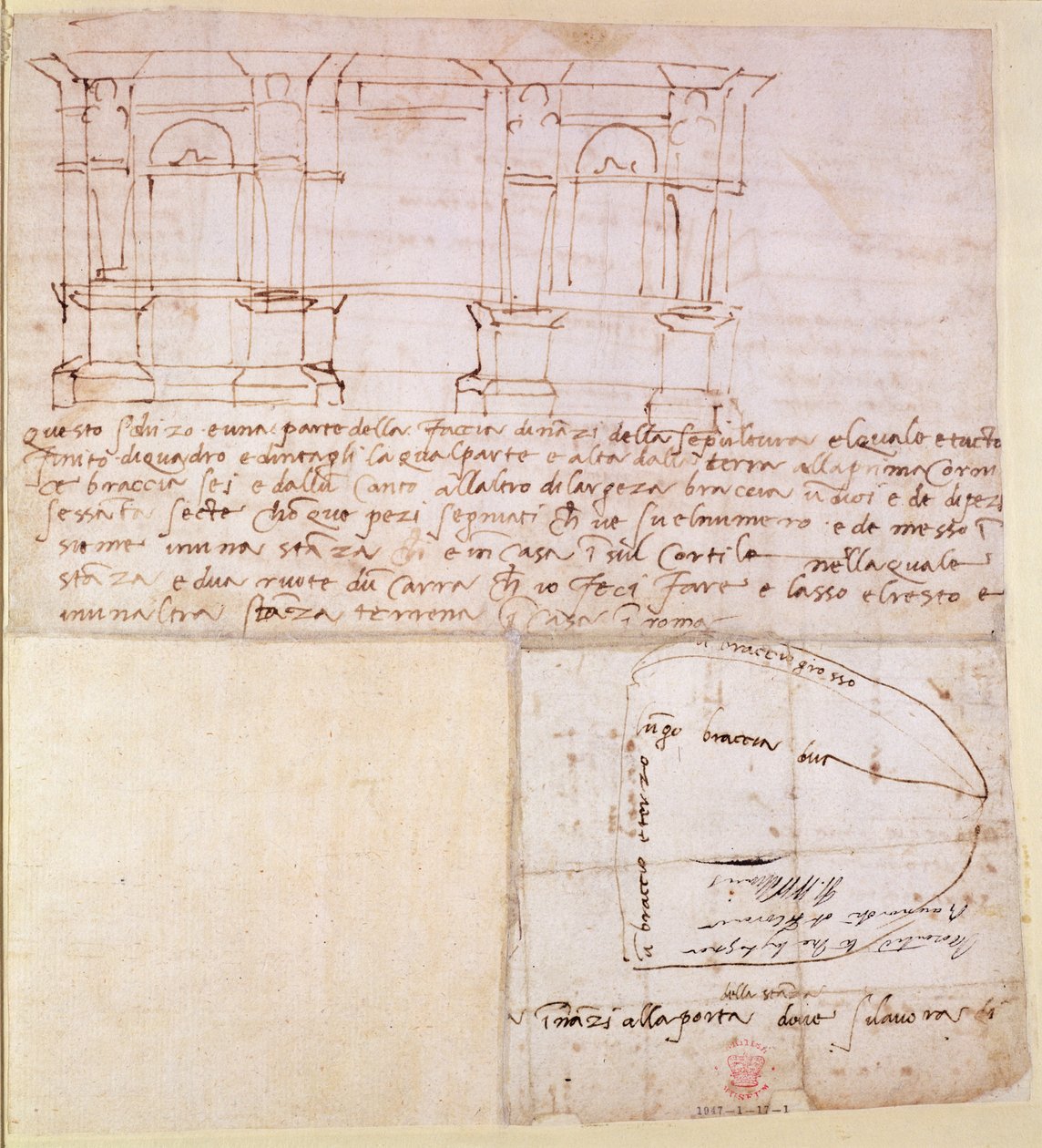 W.23r Architektonische Skizze mit Notizen (Feder und Tinte) von Michelangelo Buonarroti