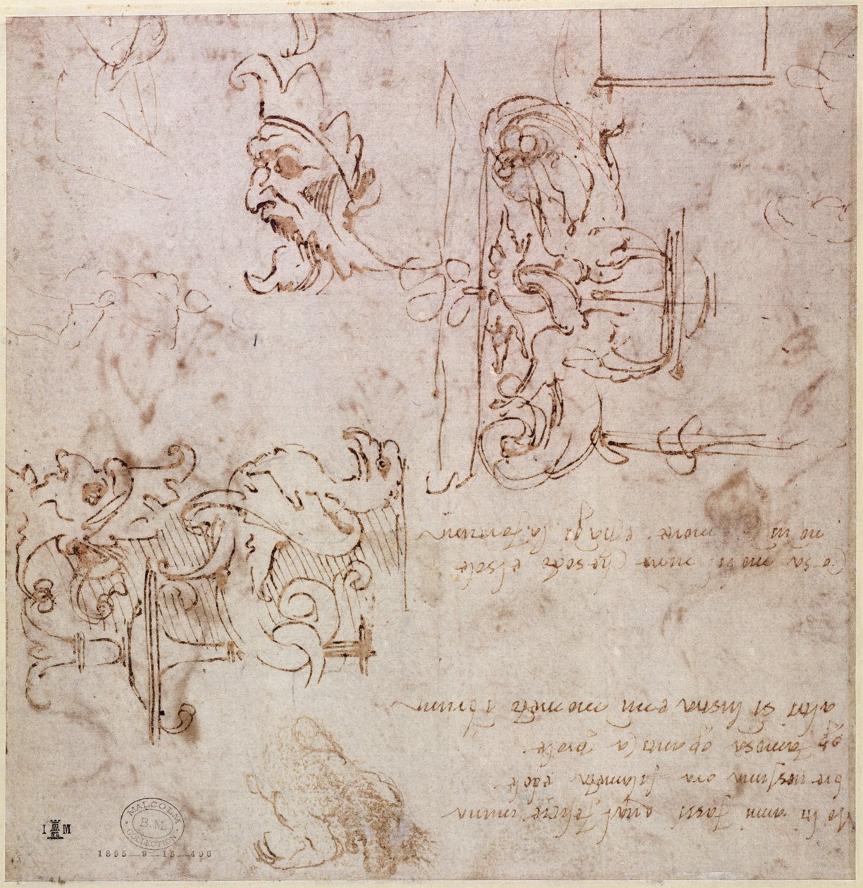 W.3v Grob skizzierte Entwürfe für Möbel und Dekorationen von Michelangelo Buonarroti
