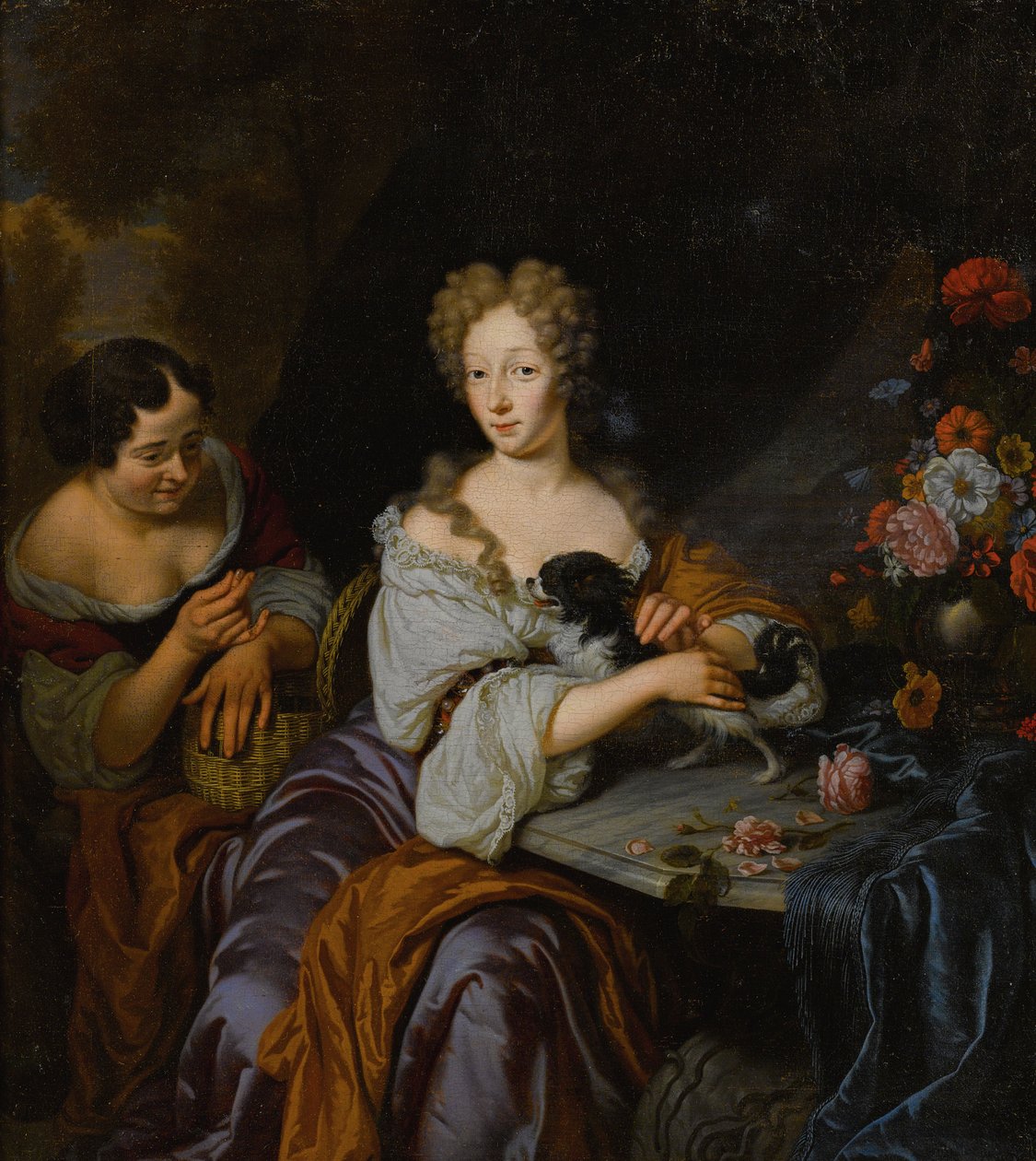 Porträt einer Dame mit ihrem Hund und einer Magd von Michiel van Musscher