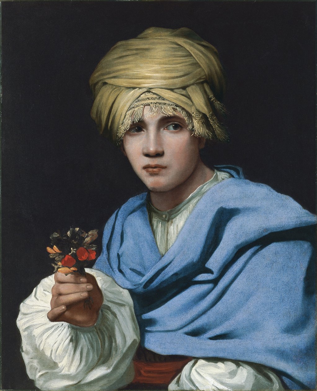 Junge mit Turban hält einen Blumenstrauß von Michiel Sweerts