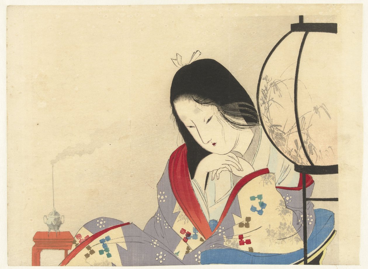 Frau in einem Innenraum bei einer Lampe, 1890-1908 von Mizuno Toshikata