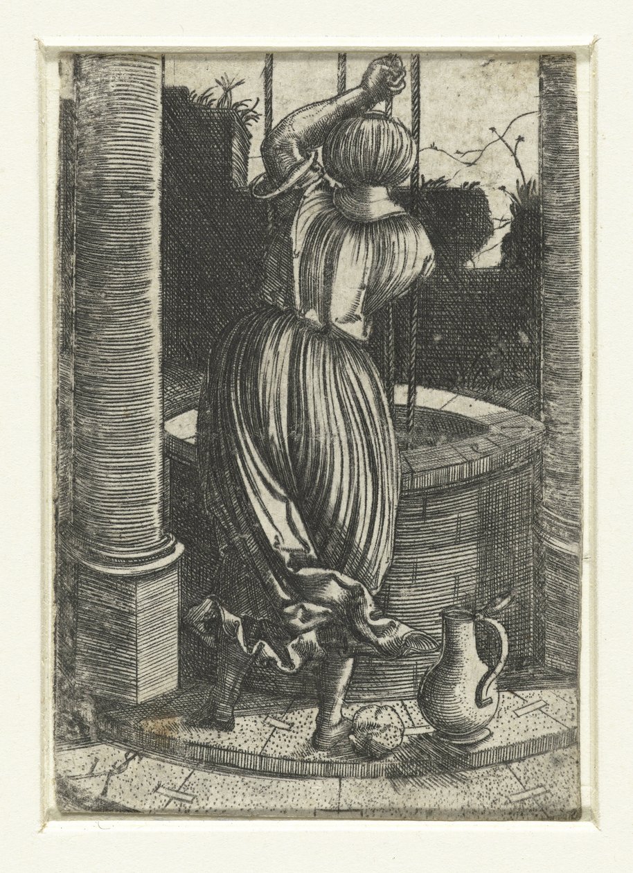 Frau bei einem Brunnen von Monogrammist IS (graveur)