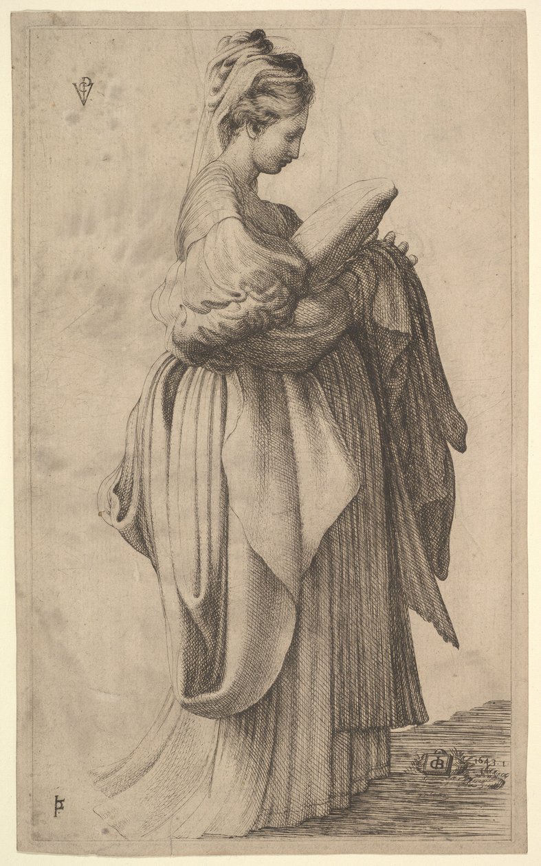 Weibliche Figur, die ein Kissen hält von Monogrammist VCP