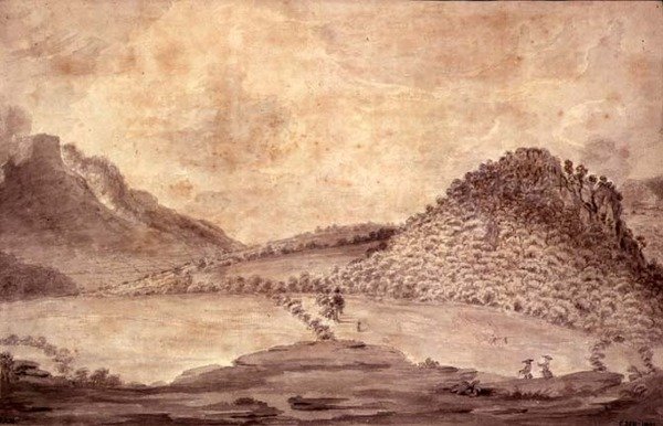 Panoramablick auf Derwentwater und das Tal von Keswick, Detail der Landschaft einschließlich Castle Head, ca. 1772 von Moses Griffith