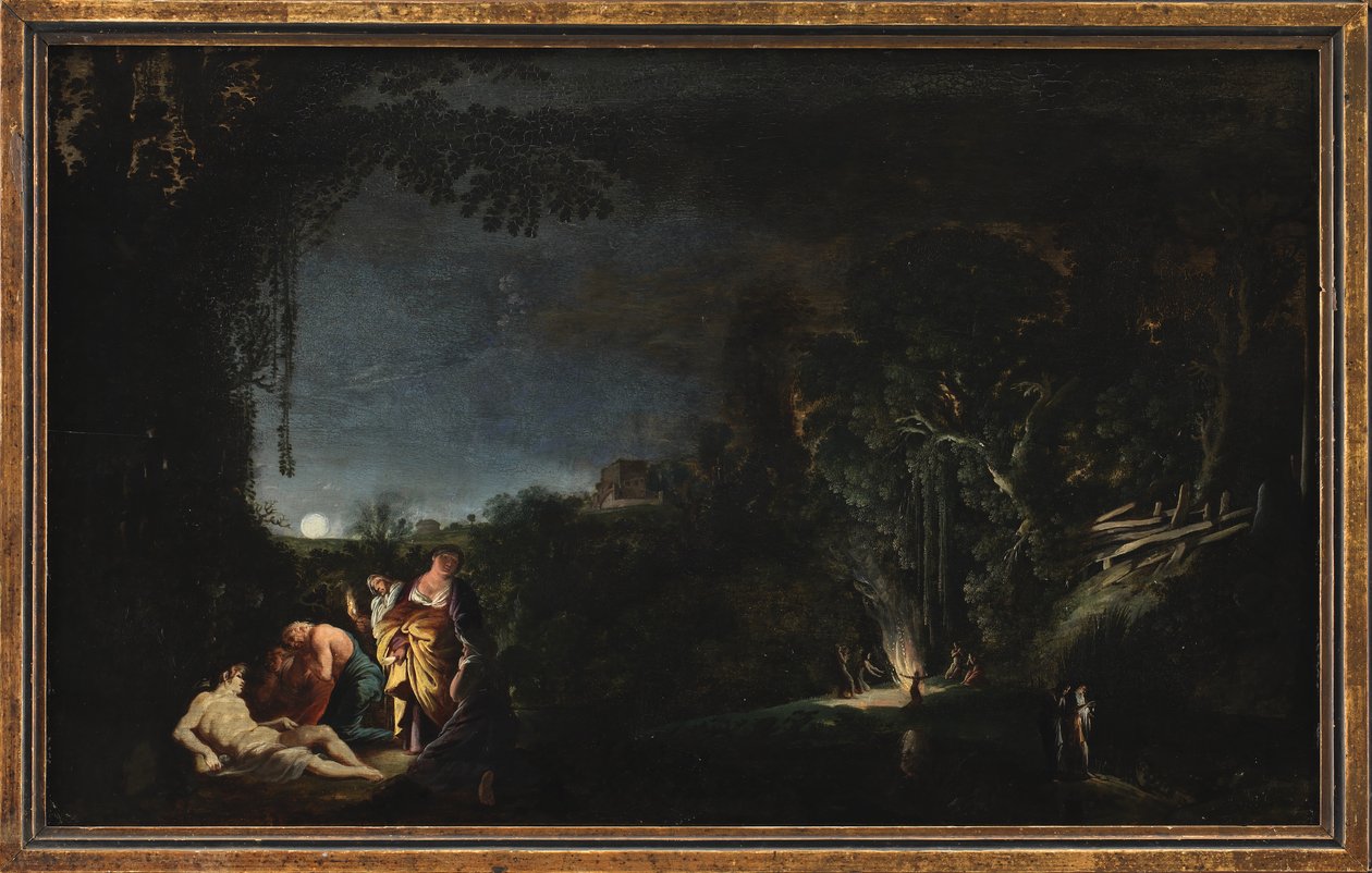 Mondscheinlandschaft mit mythologischem (?) Motiv von Moyses van Wtenbrouck