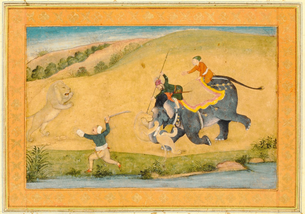 Drei Männer auf Löwenjagd, aus dem Großen Clive-Album von Mughal School
