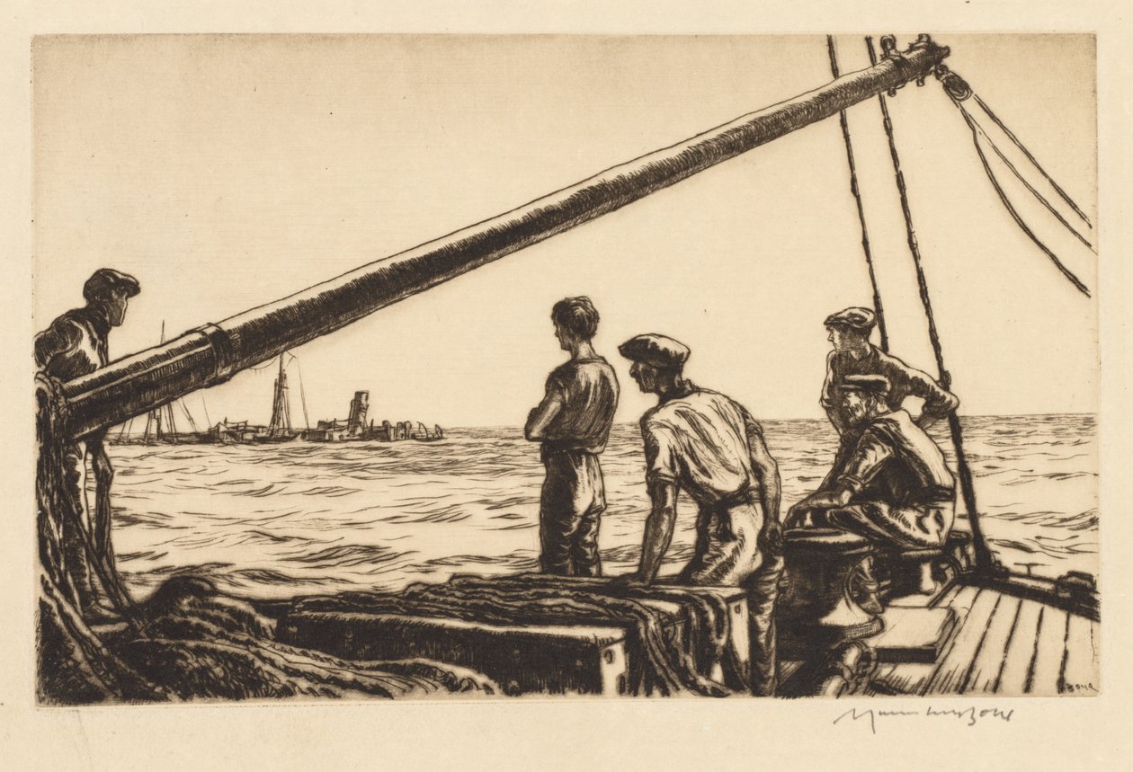 Bergungsmänner nähern sich einem torpedierten Schiff von Muirhead Bone