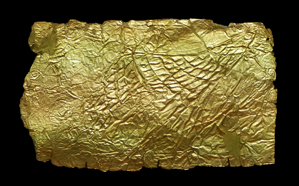 Goldblechabdeckung für glasvasenförmige Plakette von Mycenaean