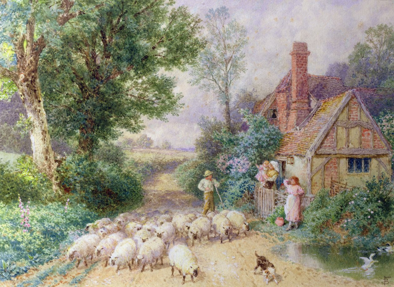 Hirte und seine Herde passieren ein Landhaus von Myles Birket Foster