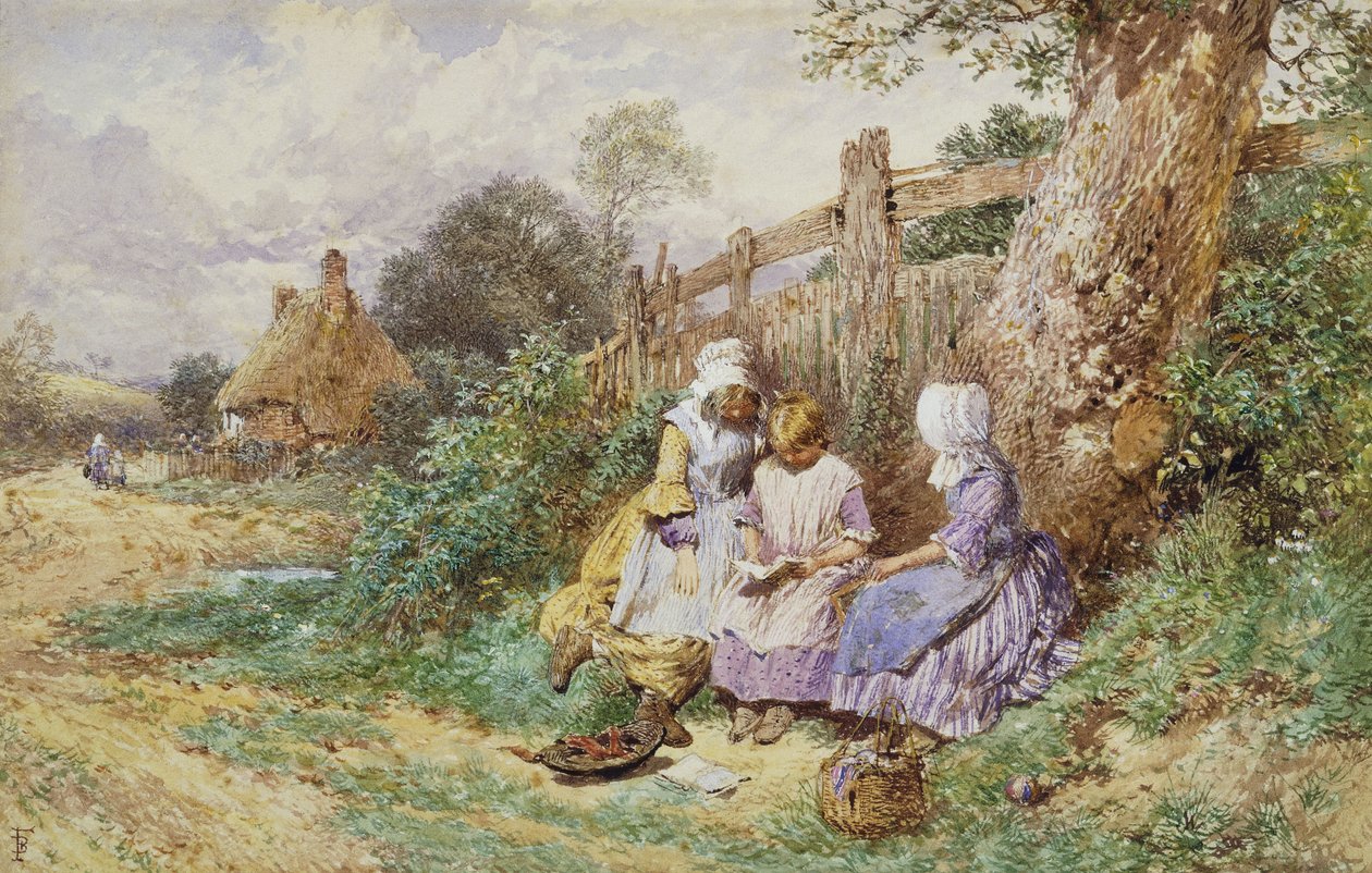 Kinder lesen neben einem Feldweg von Myles Birket Foster