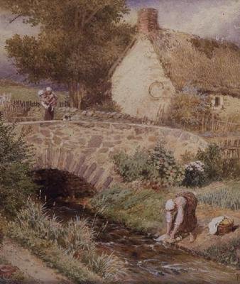 Frau wäscht Kleidung in einem Bach von Myles Birket Foster