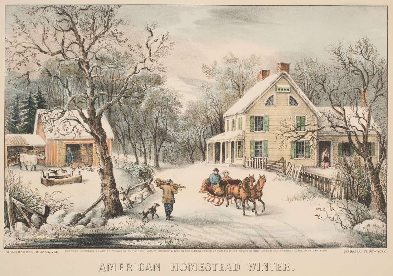 Amerikanischer Bauernhof im Winter von N. and Ives, J.M. Currier