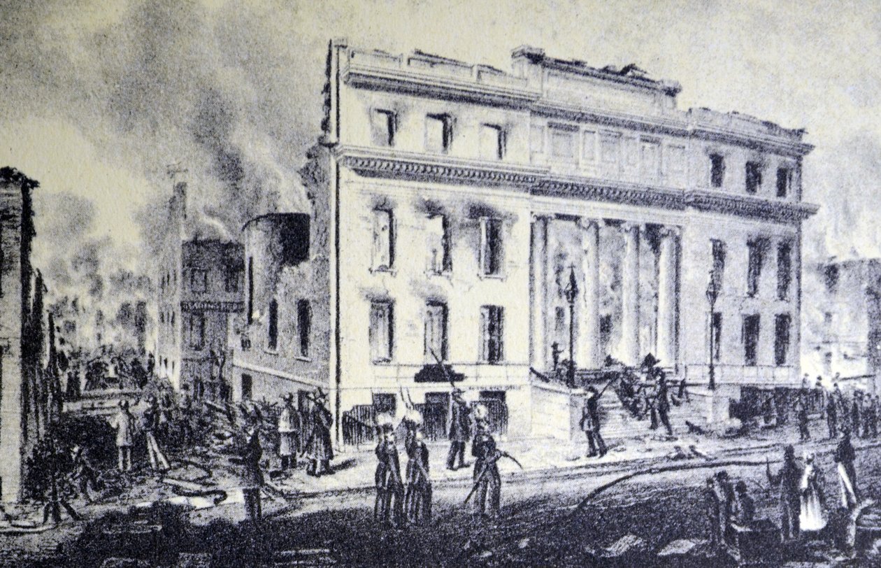 Ruinen der Merchants Exchange, New York von N. and Ives, J.M. Currier