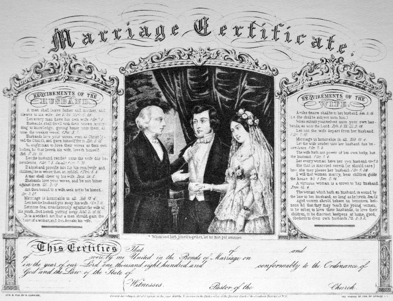 Die Heiratsurkunde von N. and Ives, J.M. Currier
