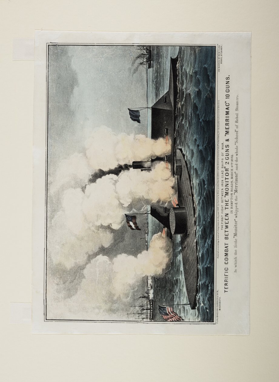Schrecklicher Kampf zwischen der Monitor mit zwei Kanonen und der Merrimac mit zehn Kanonen, ca. 1862 von N. and Ives, J.M. Currier