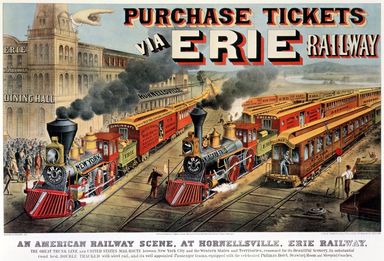 Die amerikanische Eisenbahnszene in Hornellsville, Erie Railway (Druck, 1874) von N. and Ives, J.M. Currier