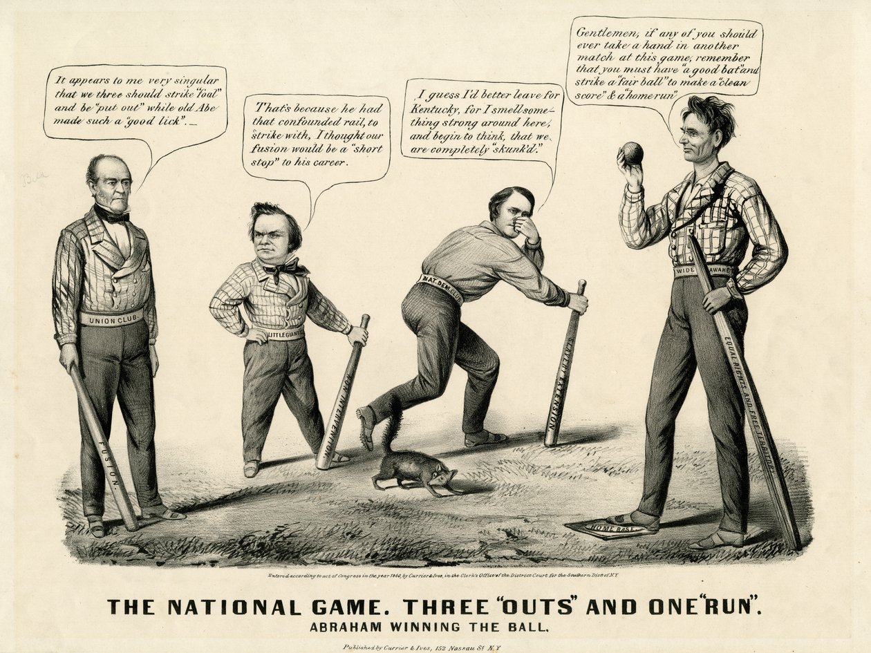 Das Nationalspiel: Drei Outs und ein Run, Abraham gewinnt den Ball, 1860 von N. and Ives, J.M. Currier