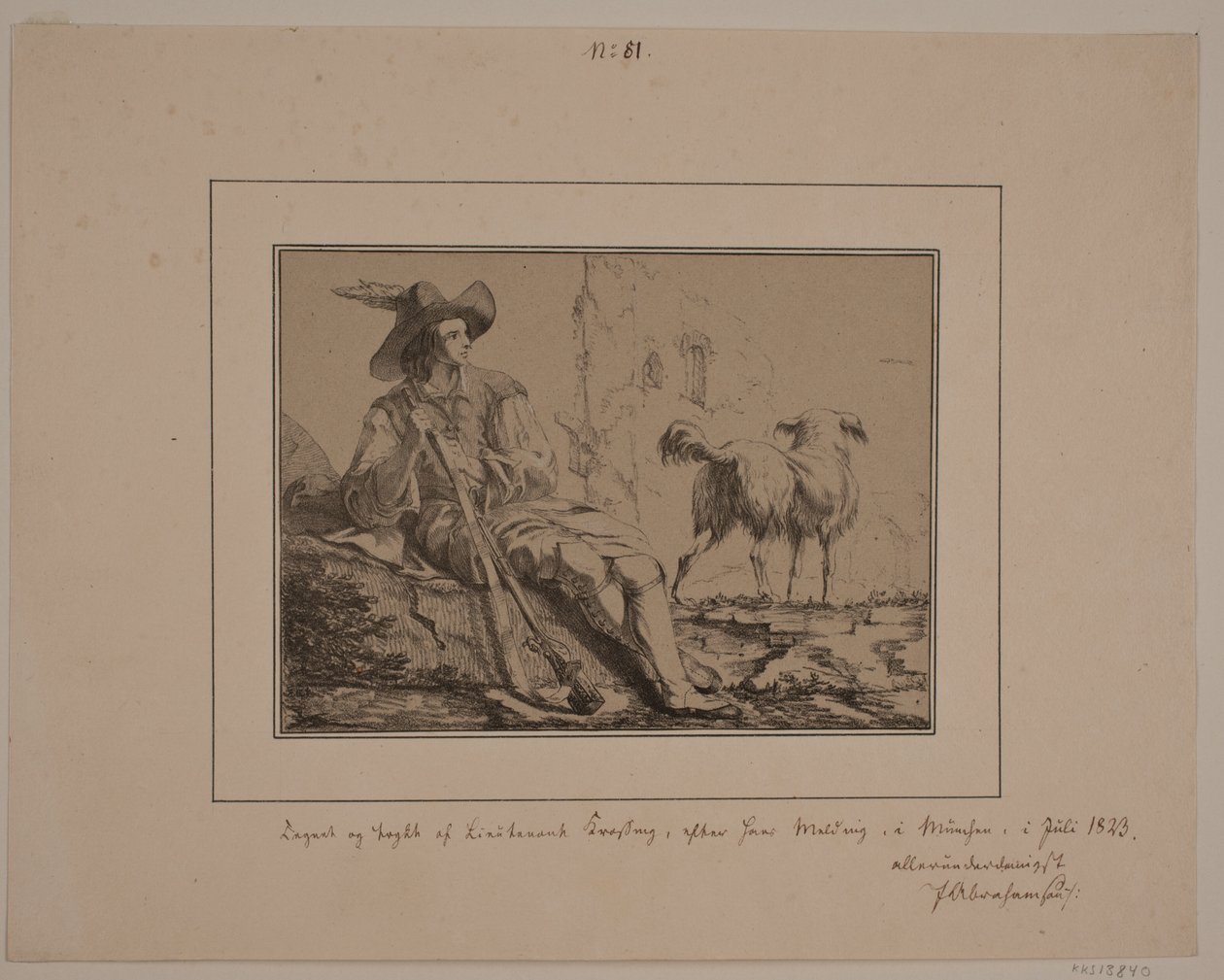 Sitzender Jäger und ein Hund von N.B. Krossing