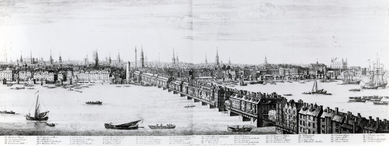 Westansicht der London Bridge, 1749 von Nathaniel and Samuel Buck