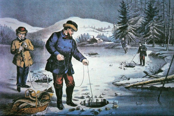 Amerikanisches Pionierleben: Angeln durch ein Eisloch von Nathaniel Currier