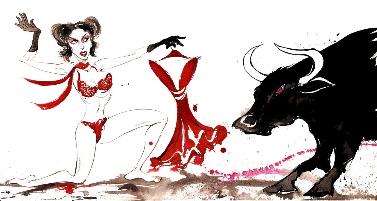 Sternzeichen: Stier-Torero aus einer Serie von Modekarikaturen, eines für jedes Sternzeichen von Neale Osborne