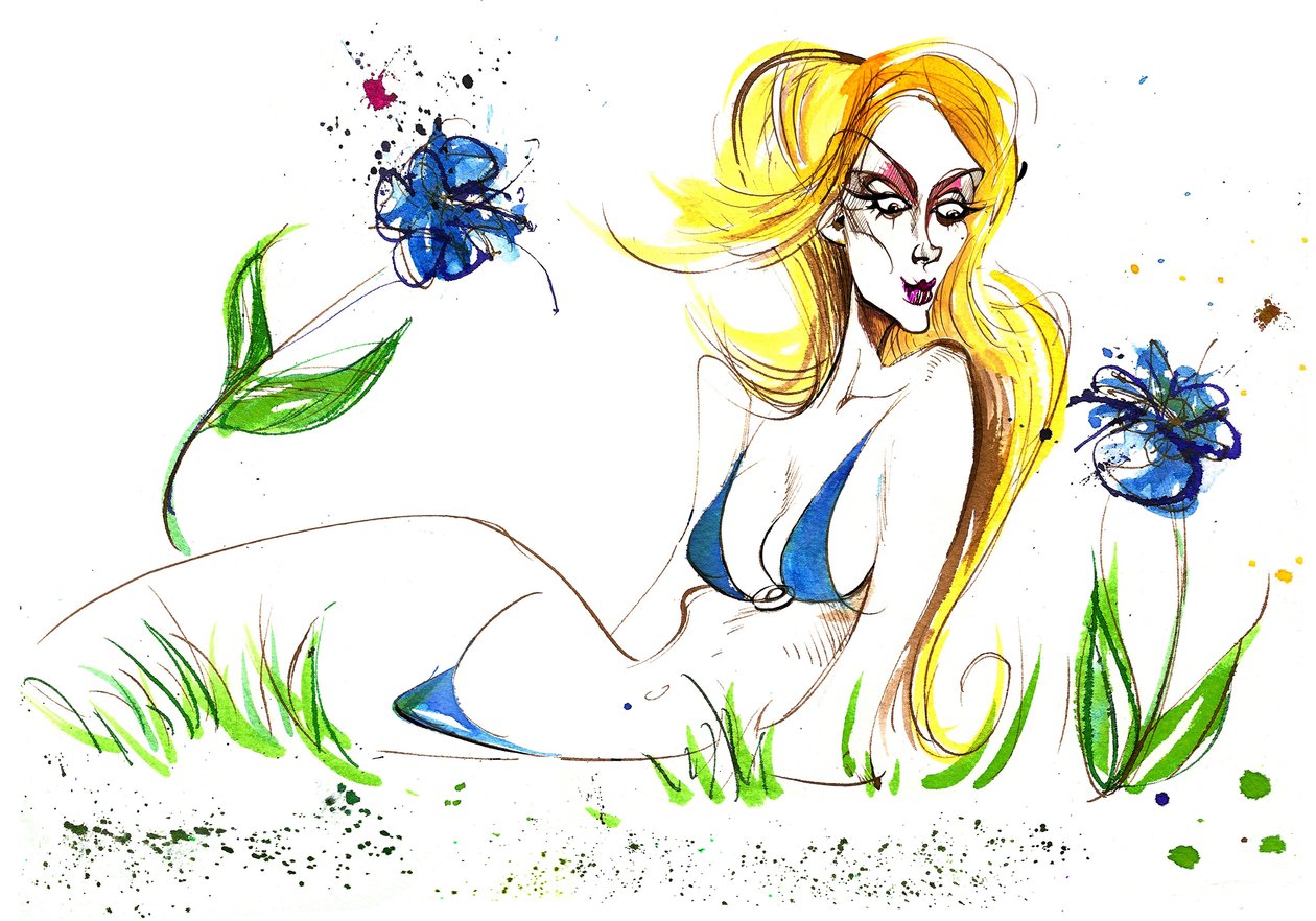 Sternzeichen: Jungfrau-Blaue Glockenblume aus einer Serie von Modekarikaturen, eines für jedes Sternzeichen von Neale Osborne