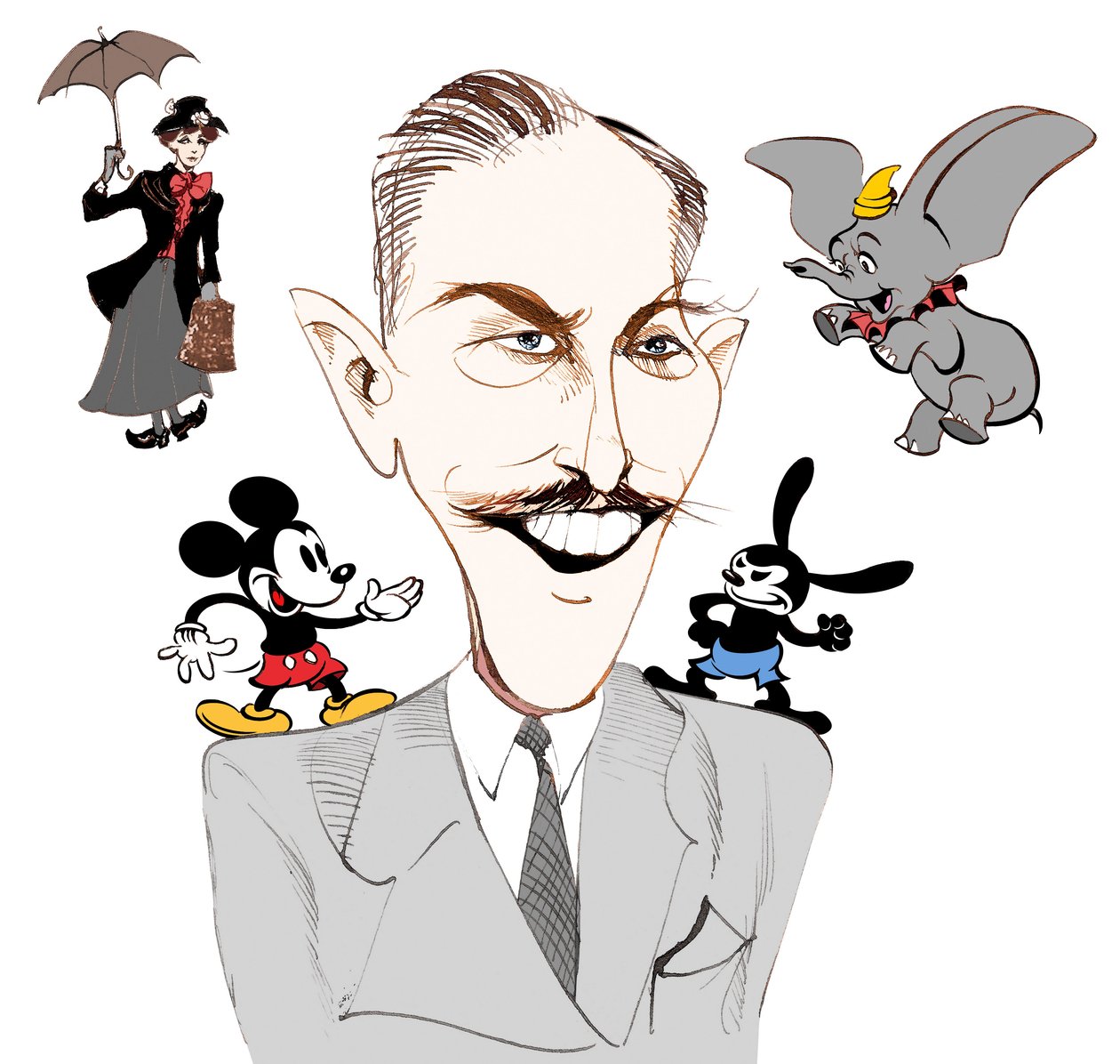 Walt Disney, amerikanischer Filmproduzent, Geschäftsmagnat, Cartoonist und Animator; karikiert mit Mary Poppins von Neale Osborne