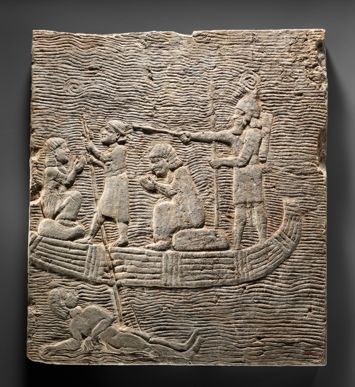 Relief: Assyrischer Soldat führt Gefangene über das Wasser, ca. 668-627 v. Chr. von Neo Assyrian