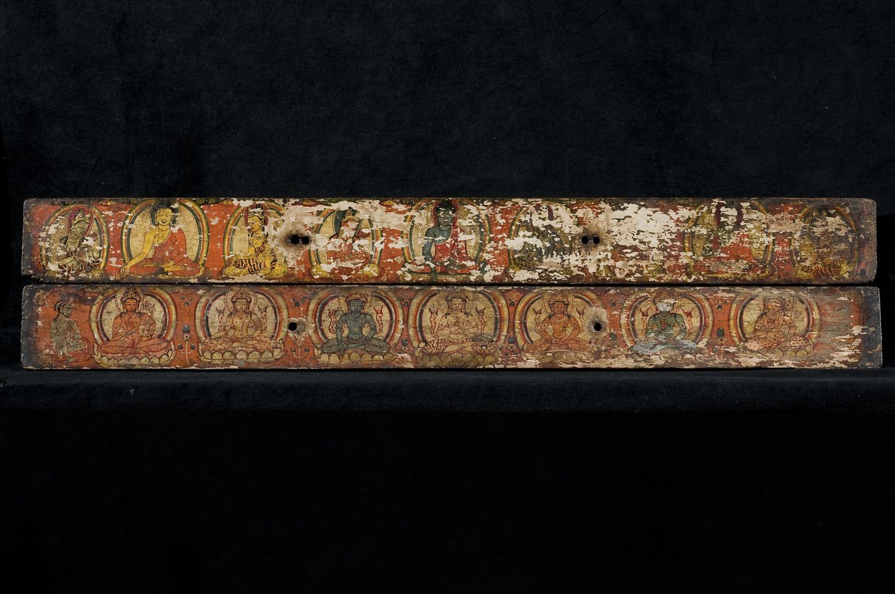 Paar von Manuskriptdeckeln (polychromes Holz) von Nepalese School