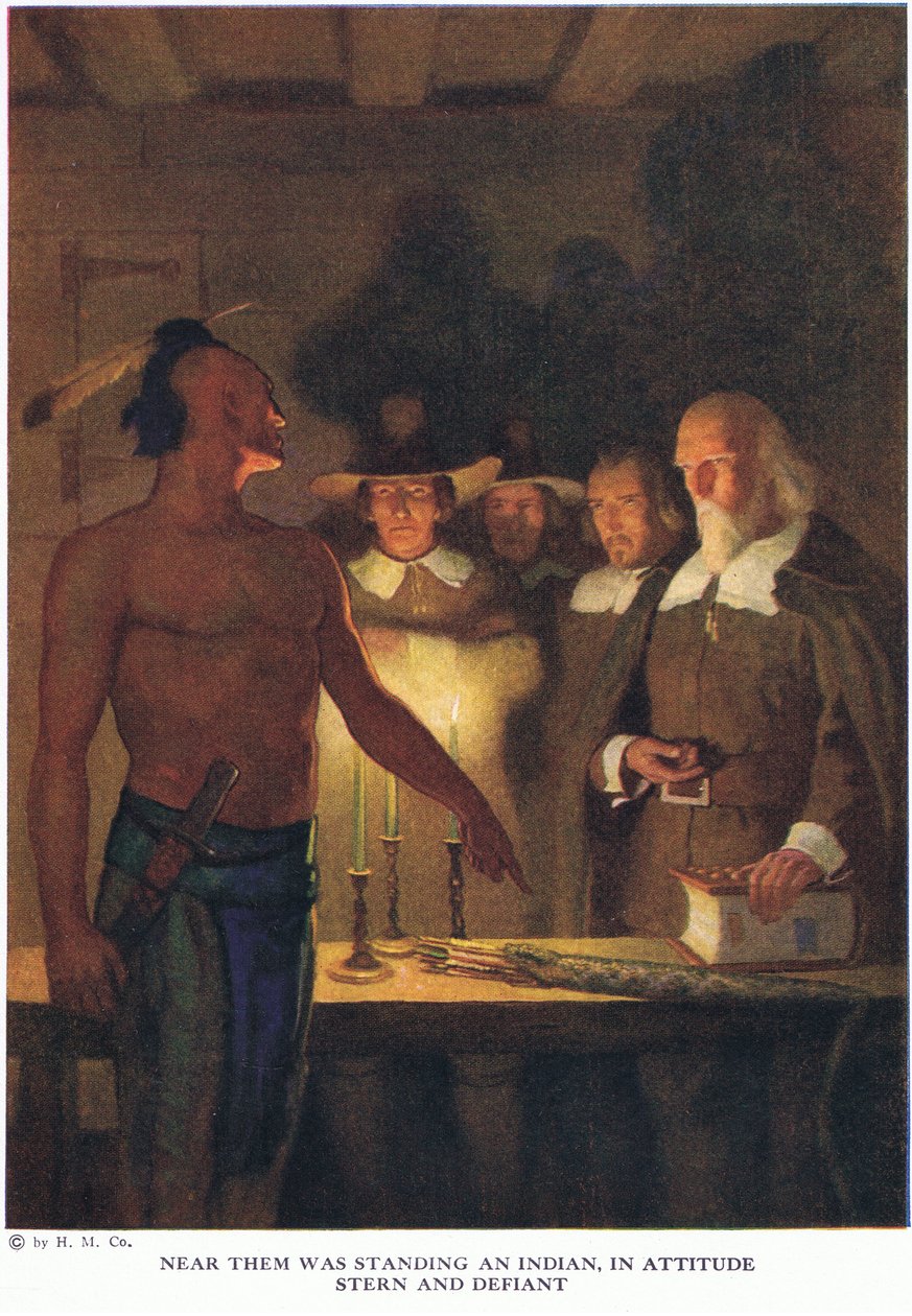 In ihrer Nähe stand ein Indianer, in strenger und trotziger Haltung von Newell Convers Wyeth
