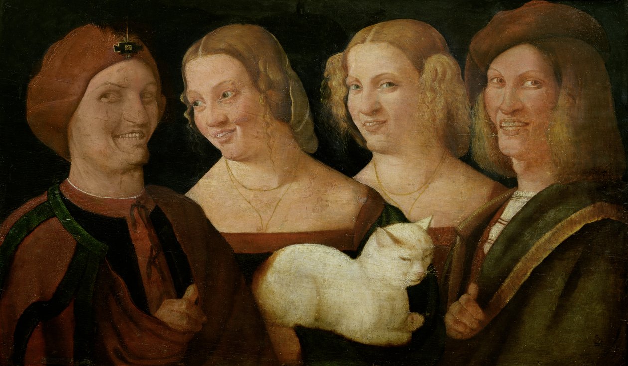 Vier Menschen lachen beim Anblick einer Katze von Niccolo Frangipane