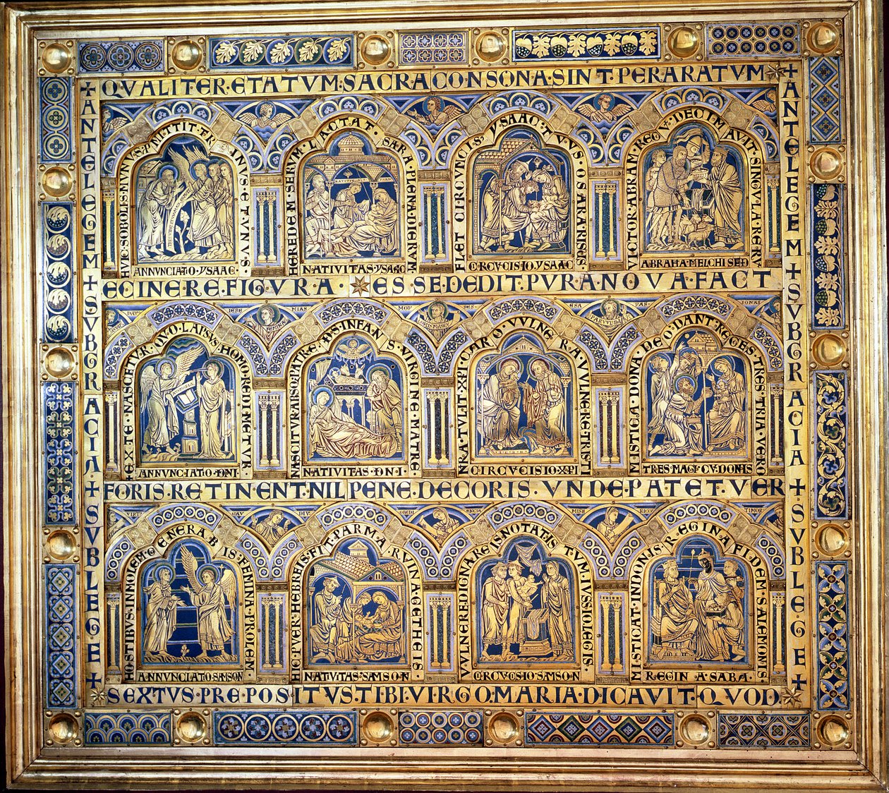 Der Verdun-Altar, biblische Szenen darstellend, 1181 (champlevé Emailarbeit) (linkes Panel) von Nicholas of Verdun