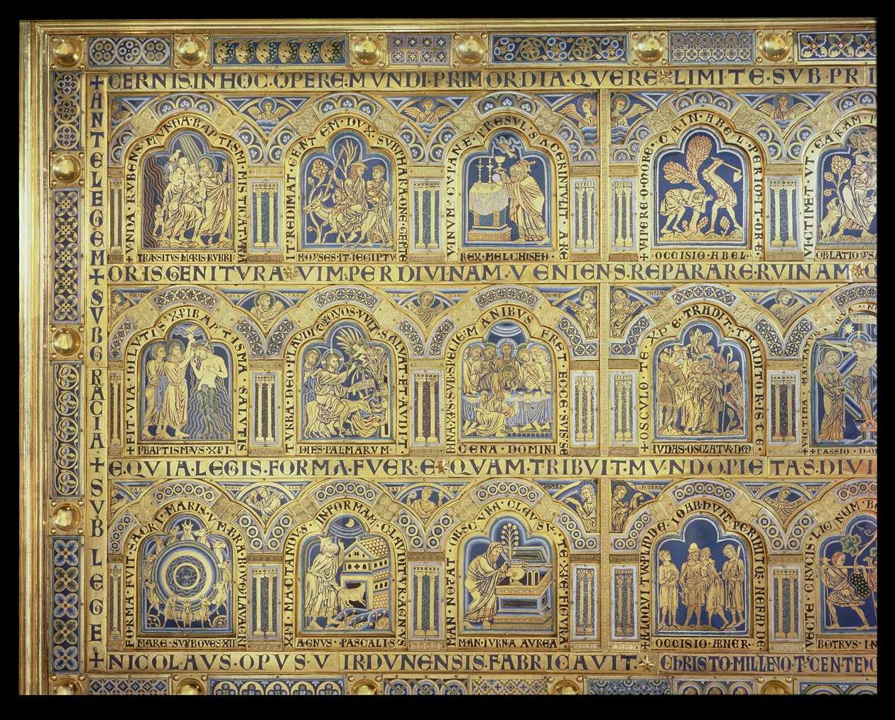 Der Verdun-Altar, biblische Szenen darstellend, 1181 (champlevé-Emailarbeit) (linker Teil des zentralen Panels) von Nicholas of Verdun