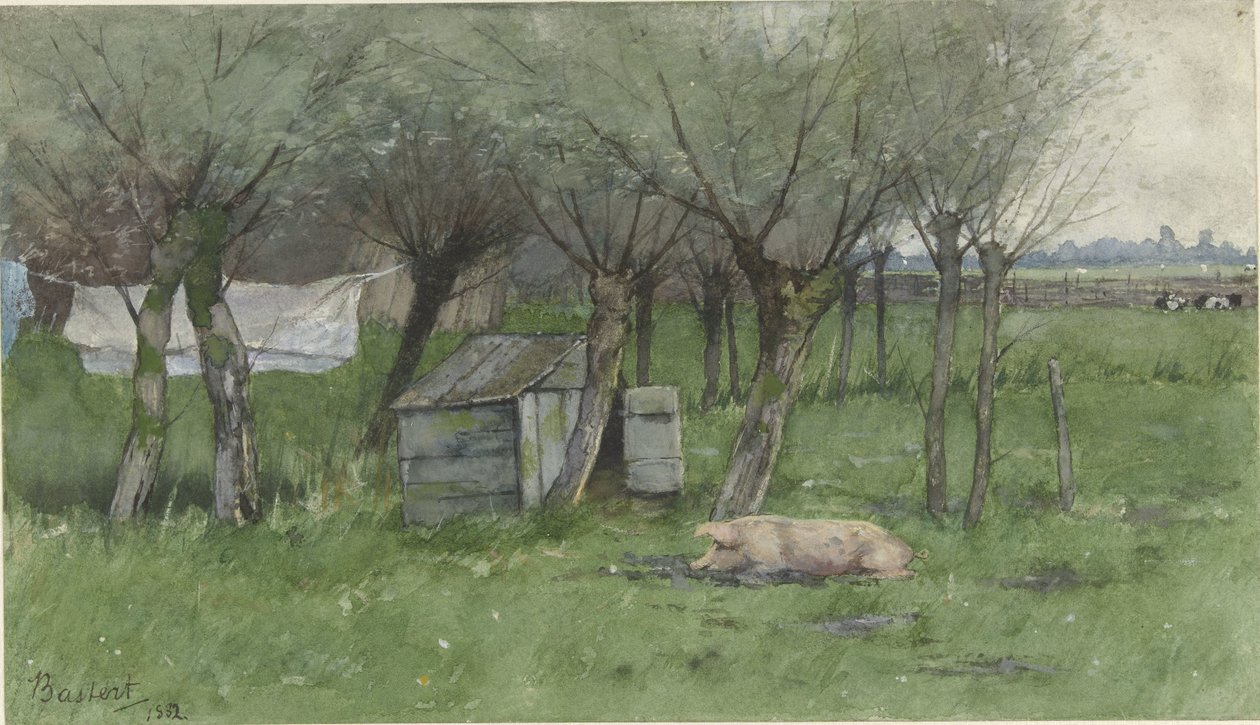 Bauernhof mit liegendem Schwein von Nicolaas Bastert