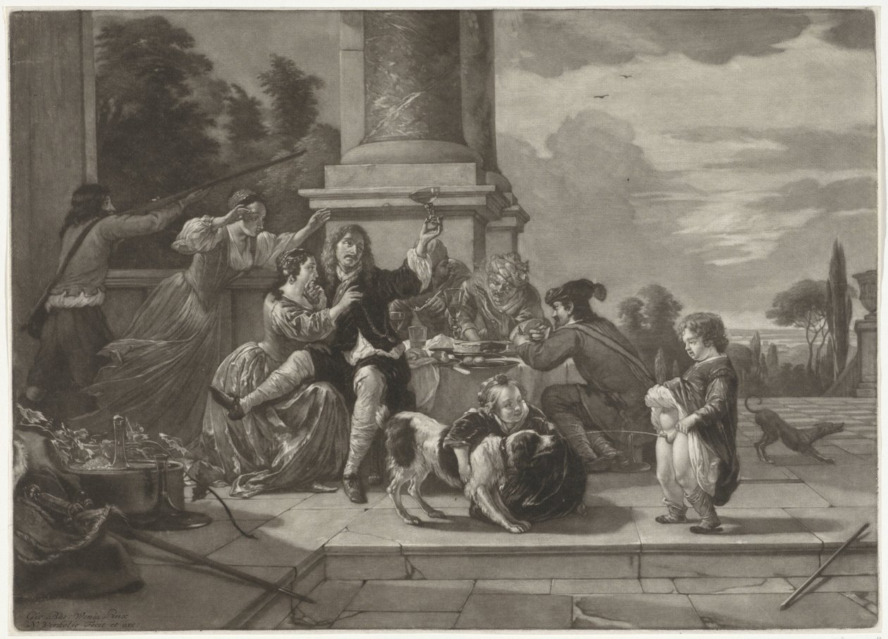 Fröhliche Gesellschaft auf einer Terrasse von Nicolaas Verkolje