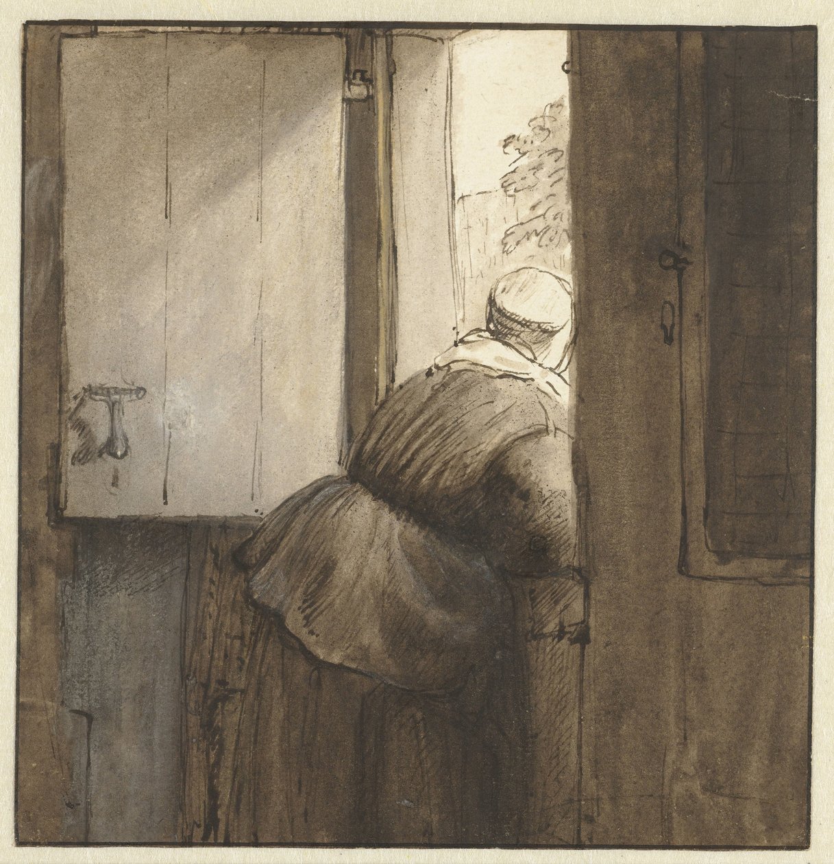Frau über eine Tür gelehnt von Nicolaes Maes (possibly)