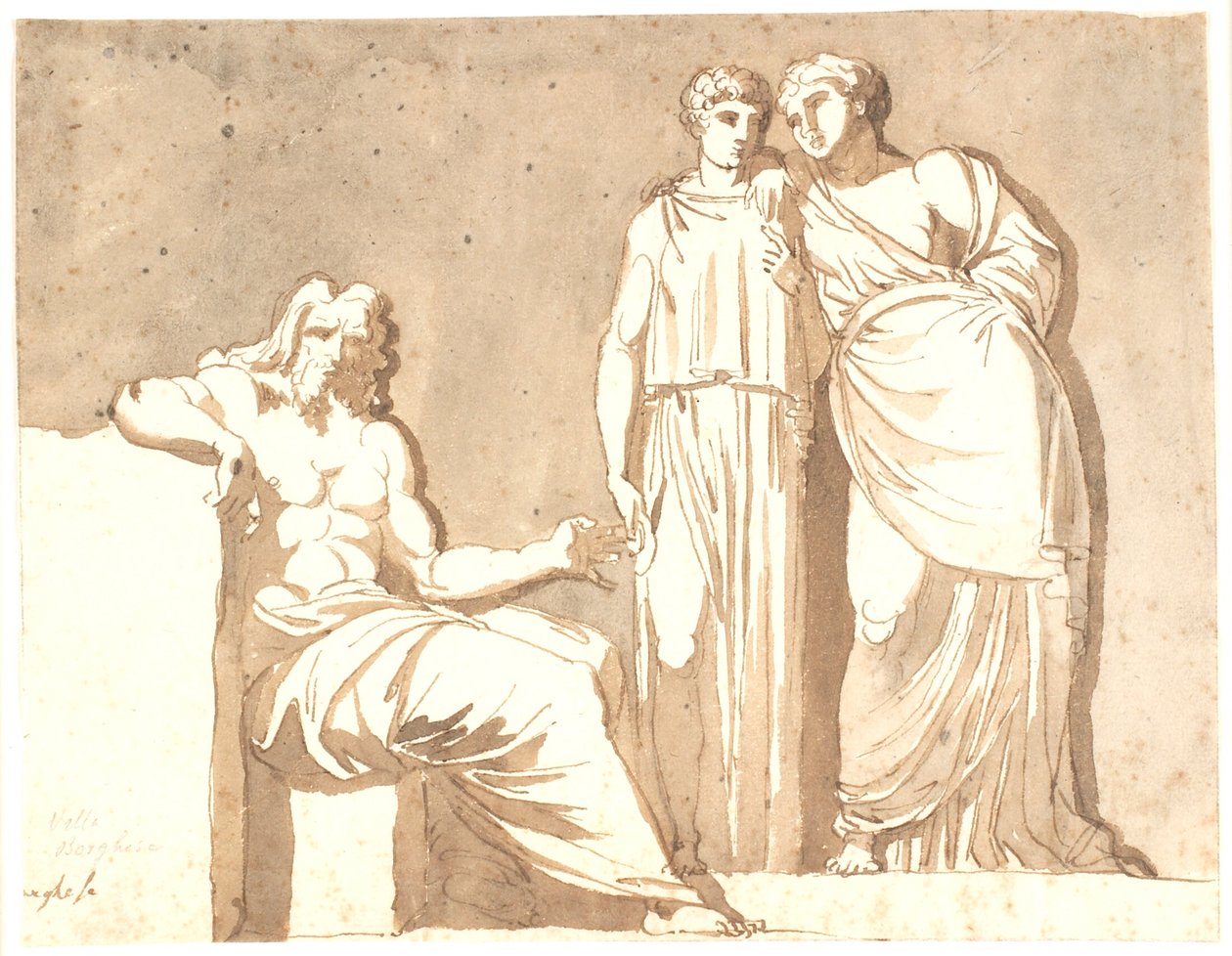 Ein sitzender Mann und zwei stehende Frauenfiguren von Nicolai Abildgaard