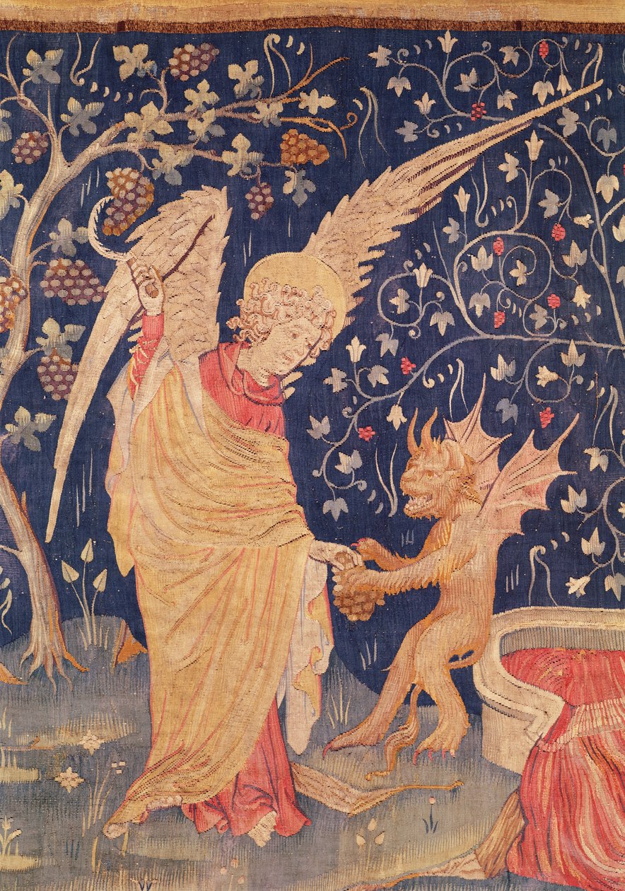 Engel mit einer Traube und ein Dämon, Detail aus dem Apokalypse-Wandteppich von Angers, 1373-87 von Nicolas Bataille