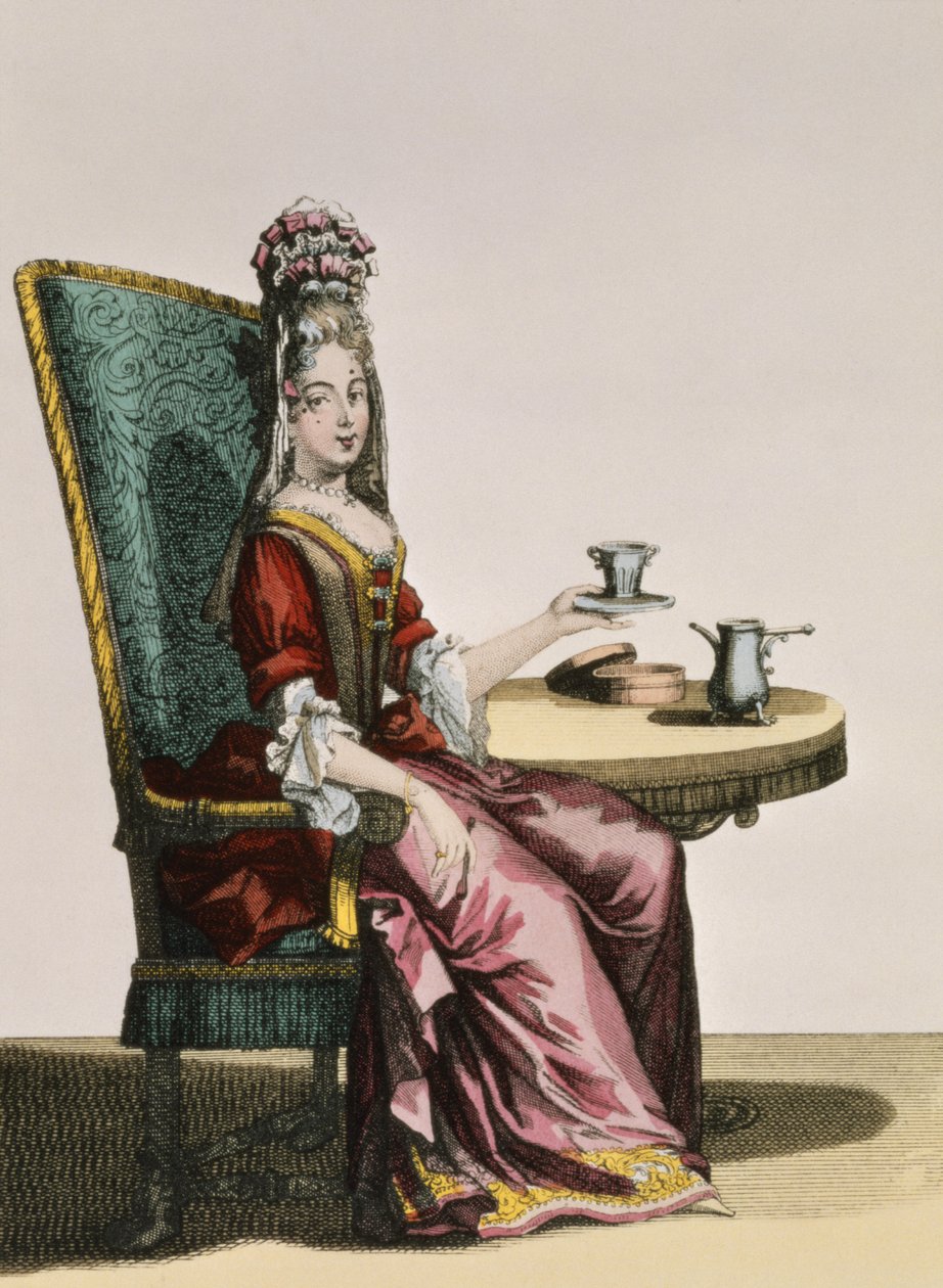 Dame beim Kaffeetrinken, Modeplatte, um 1695 von Nicolas Bonnart