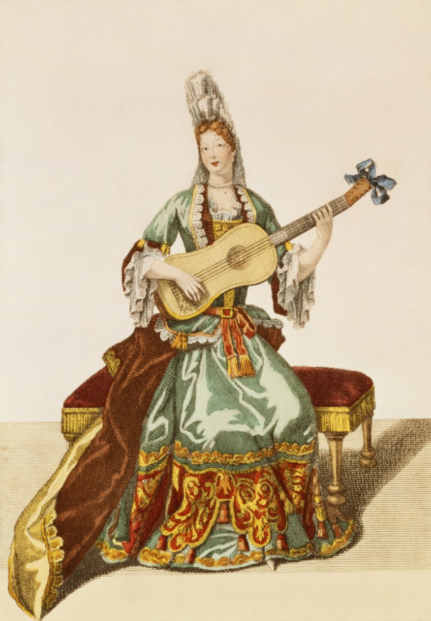 Dame von Qualität spielt Gitarre, Modeplatte, ca. 1695 von Nicolas Bonnart