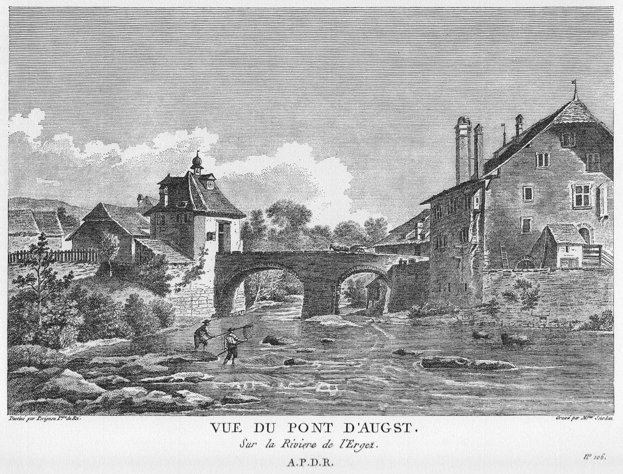 Ansicht der Brücke über den Fluss Ergolz bei Augst. Kupferstich von Mme. Jourdan nach einer Zeichnung von Nicolas Pérignon von Nicolas Pérignon, Mme. Jourdan