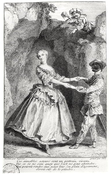 Harlekin und Colombine in einer Komödie von Louis de Boissy (1694-1758) graviert von Laurent Cars (1699-1771) von Nicolas after Lancret