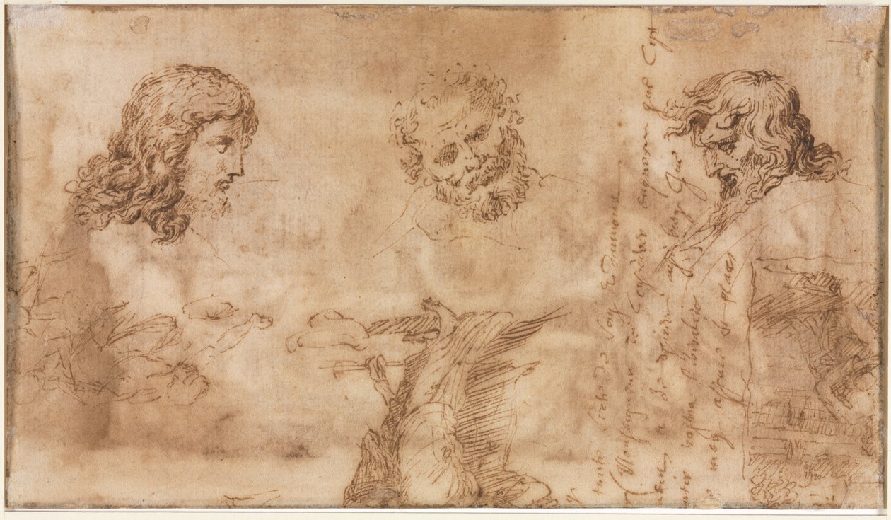 Drei Köpfe und andere Skizzen (verso) von Nicolas Poussin