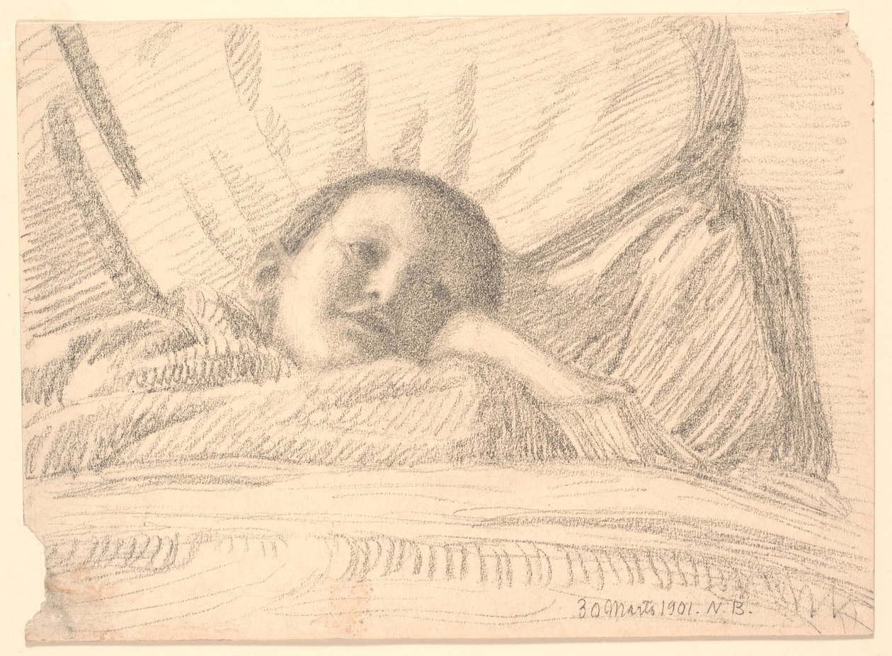 Kind (kleines Mädchen?) liegt im Bett von Niels Jakob Jakobsen Bjerre