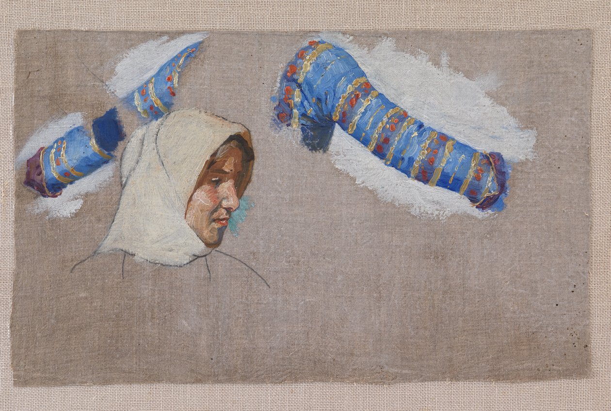 Dragtstudier og studie af et kvindehovede. Megara von Niels Skovgaard